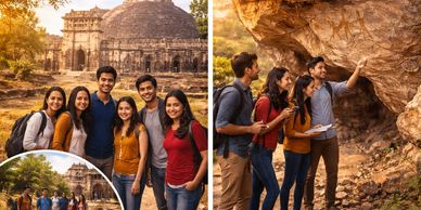 A group of young adults visiting historic sites and exploring ancient cave paintings.