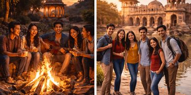 Friends enjoying a campfire and sightseeing near historic architecture.