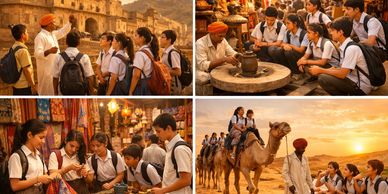 Students exploring Indian culture through historical sites, pottery, shopping, and camel rides.