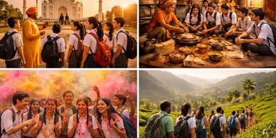 Students visit the Taj Mahal with a guide during sunset.