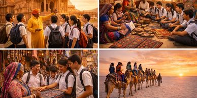 School children explore Indian culture through temple visits, traditional crafts, and camel rides.