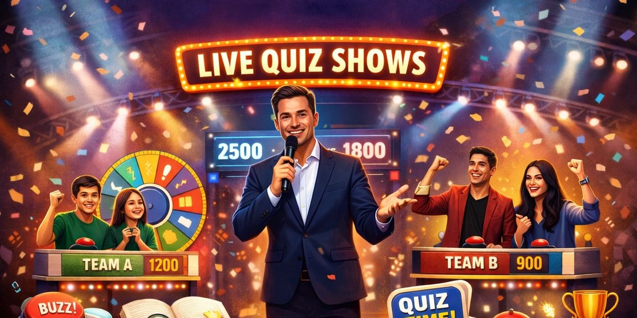 Live quiz show with two competing teams and enthusiastic host on stage.