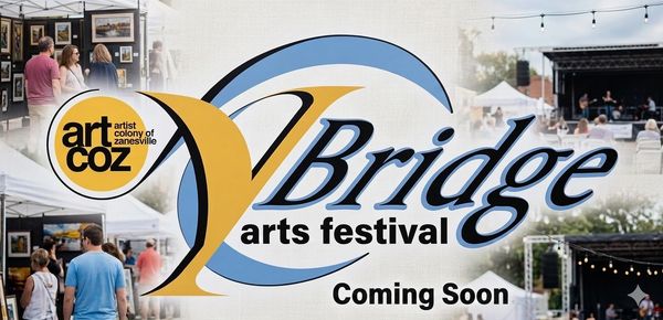 Promotional banner for Y-Bridge Arts Festival with people enjoying art and music events.