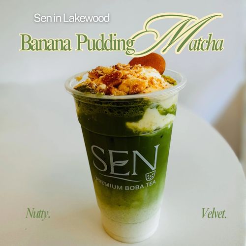 Banana Pudding Matcha boba tea from Sen in Lakewood, topped with creamy pudding and crunchy nuts.