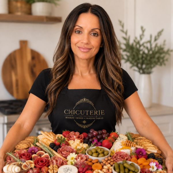 Woman presenting a colorful charcuterie board with an apron.