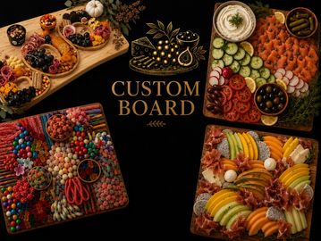 Colorful custom food boards with fruits, cheeses, and snacks.