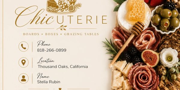 Business card for Chicuterie with charcuterie food images.