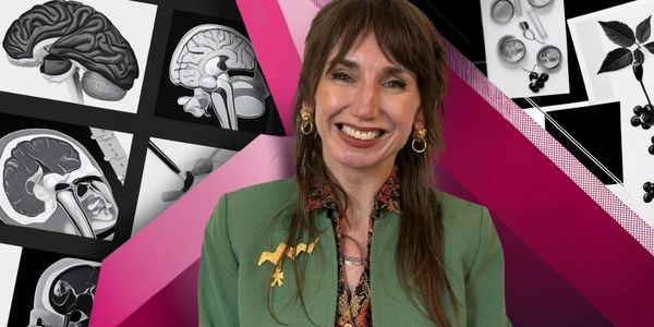 A smiling woman in a green blazer with brain and plant illustrations in the background.