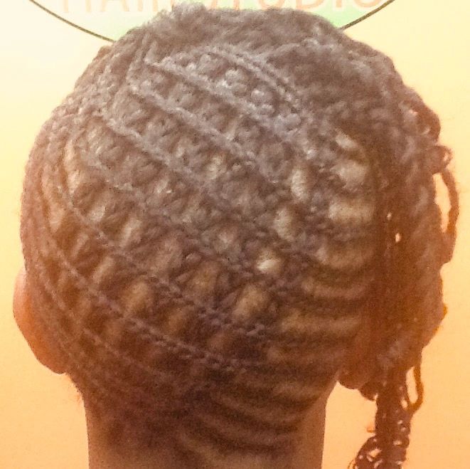 Intricate braided hairstyle from the back.