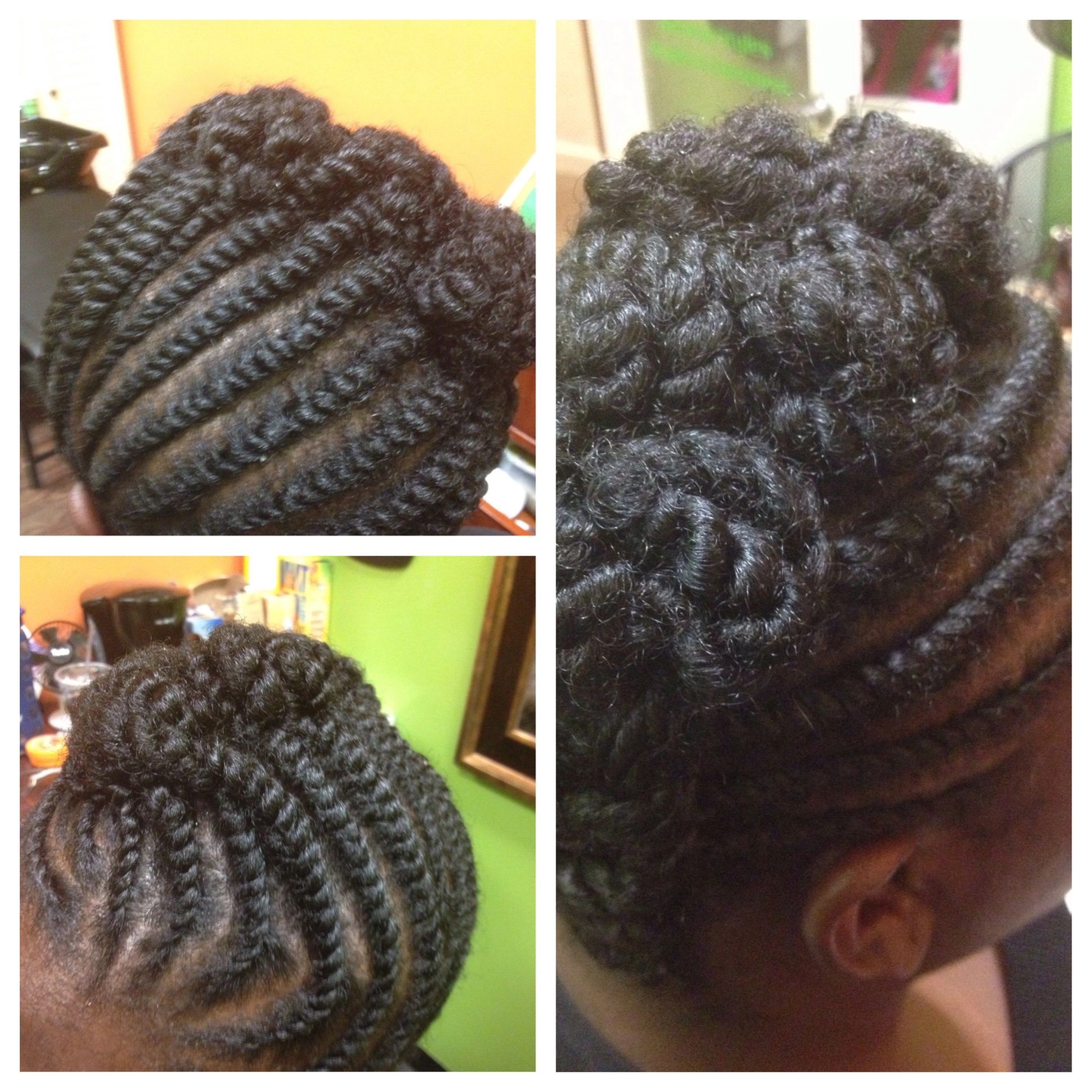 Close-up of intricate twisted and curled natural hair styles.