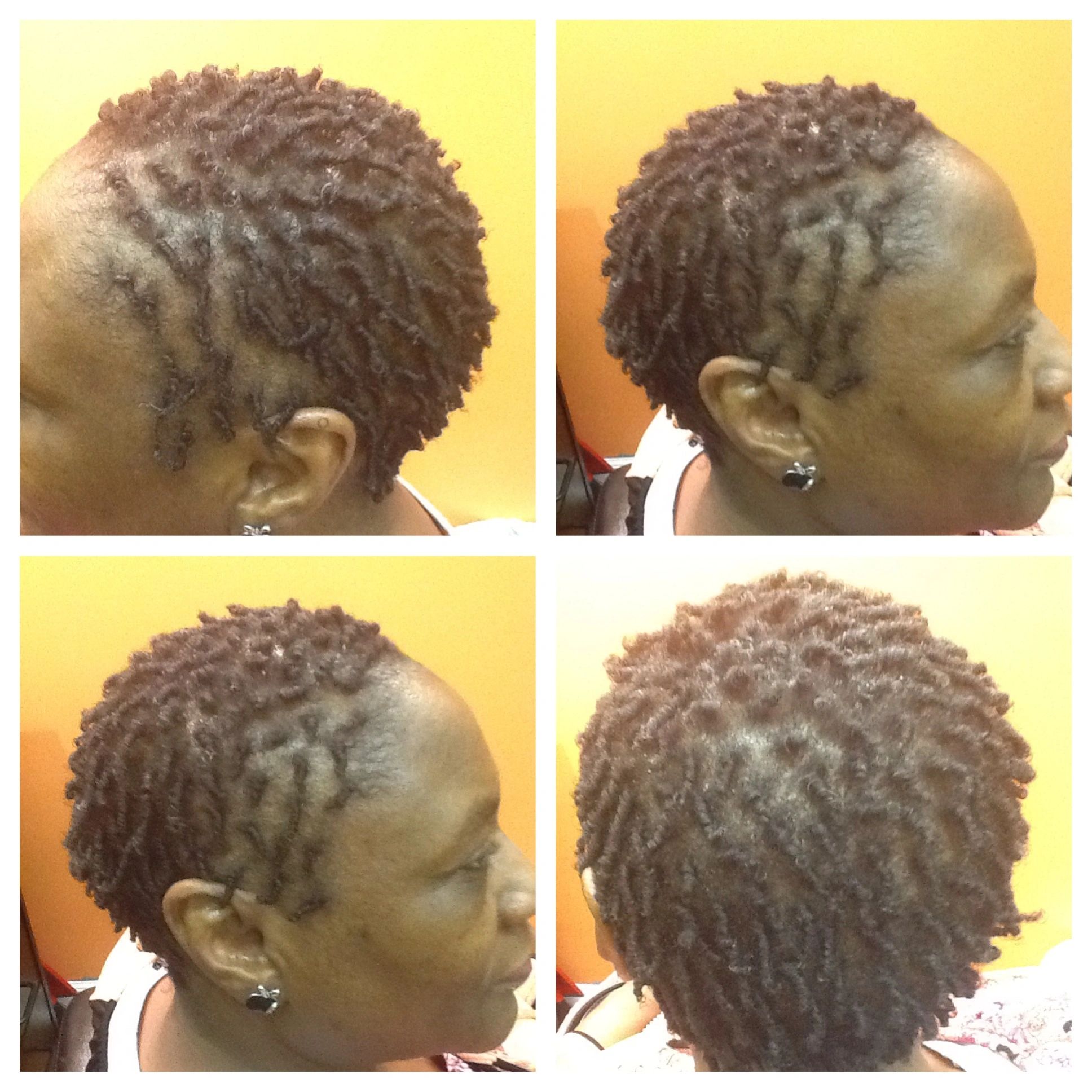Close-up of a short twisted hairstyle from multiple angles.