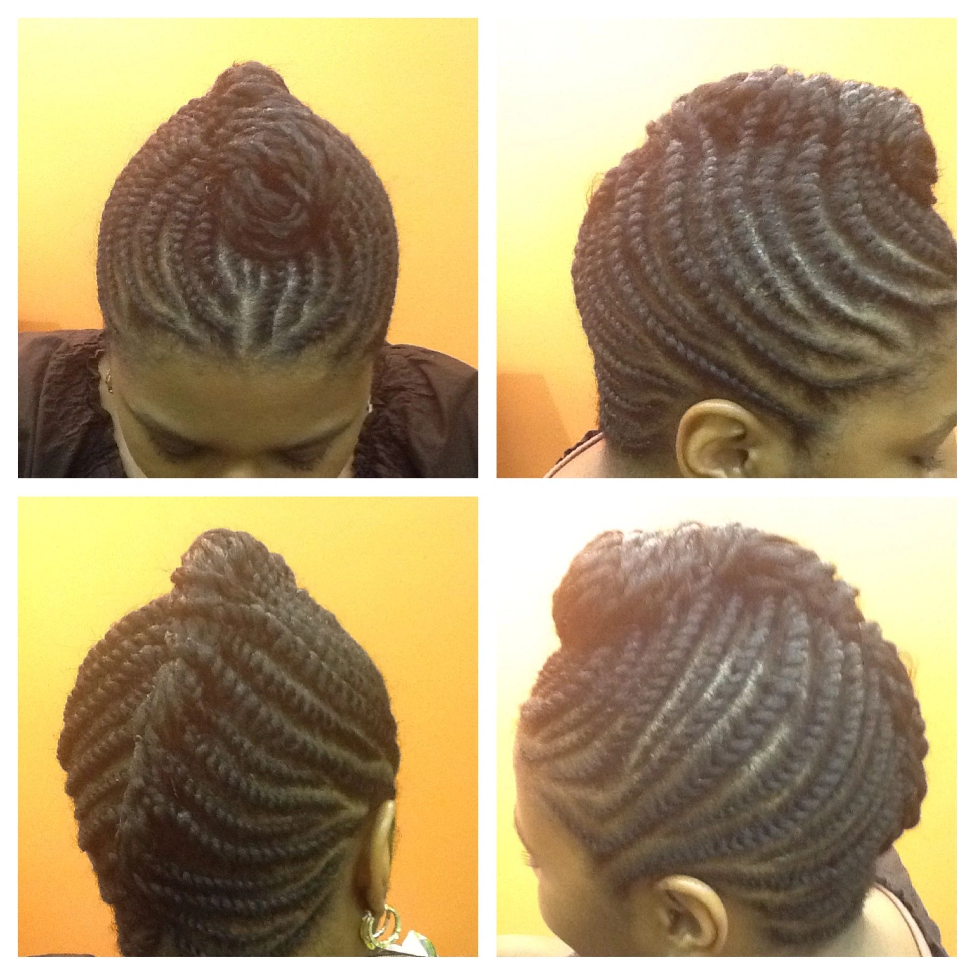 Four views of a woman with cornrow braids styled into a top bun.