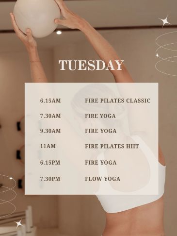 Tuesday fitness class schedule with Pilates and Yoga.