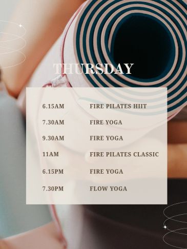 Thursday yoga and pilates class schedule with times.