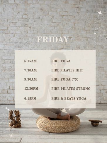 Friday fitness schedule with yoga and pilates classes.