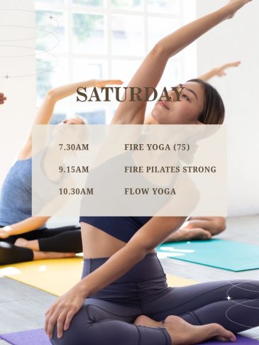 Saturday yoga and pilates class schedule with stretching participants.