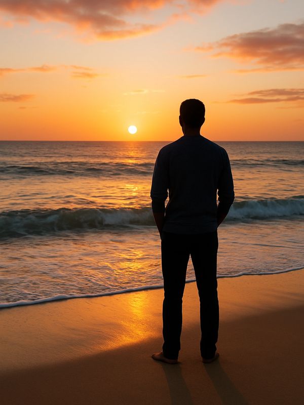 Silhouette of a person watching the sunset on the beach.