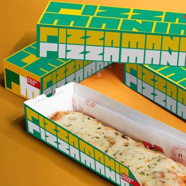 A cheesy pizza bread in a colorful Fizzman box.