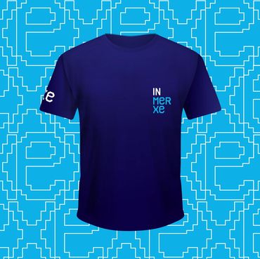 Navy blue t-shirt with "INMERXE" text on chest and sleeve, against a pixelated blue background.
