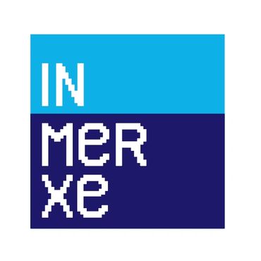 Logo with text 'IN MER XE' in pixelated font, split blue background.