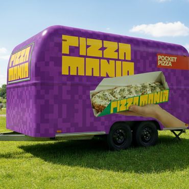 Purple food truck with Pizza Mania branding serves pocket pizza outdoors.