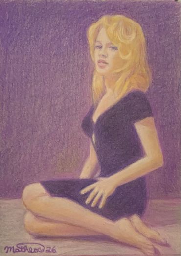 Pastel drawing of a woman with blonde hair in a black dress, kneeling.