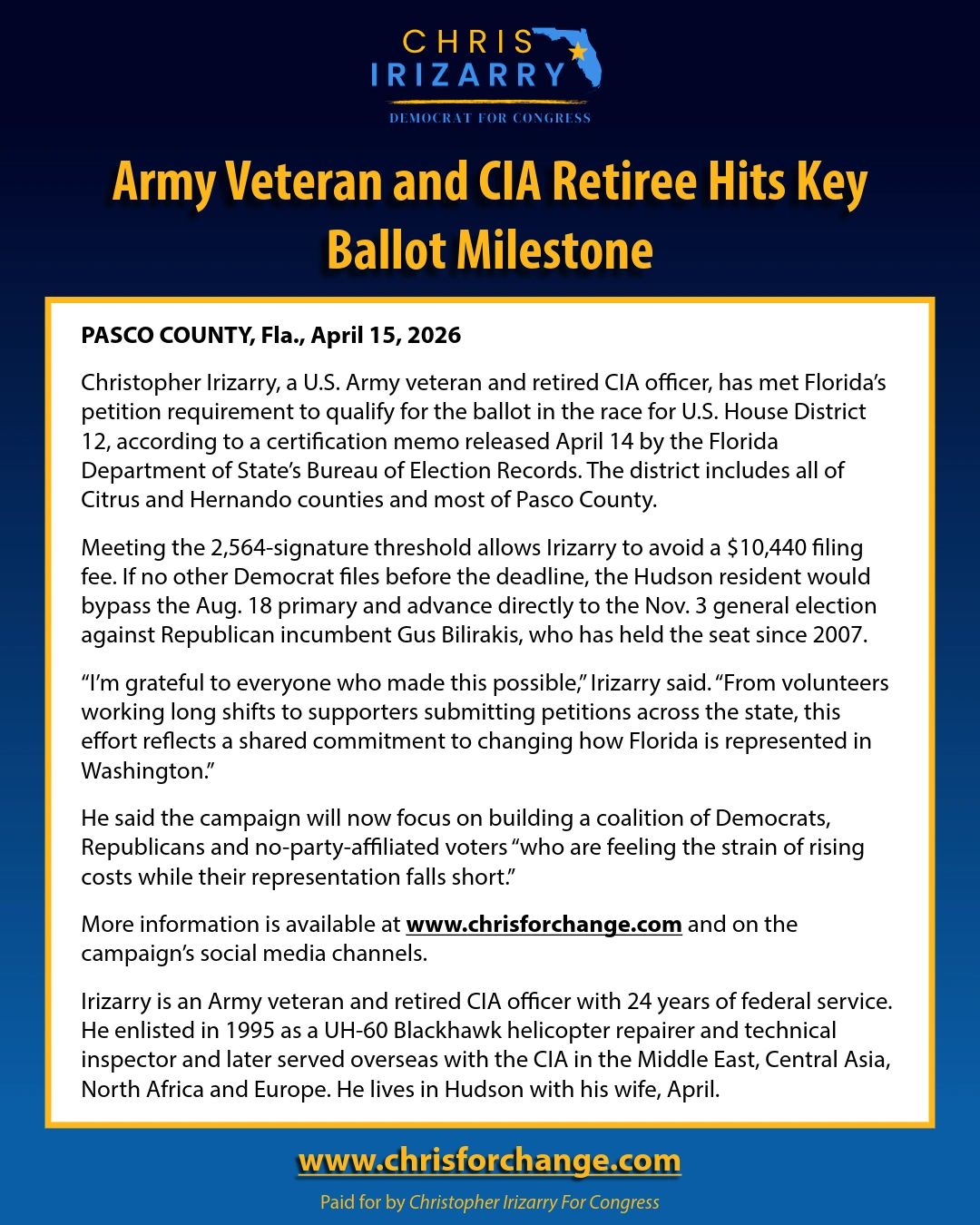Chris Irizarry, Army veteran and CIA retiree, qualifies for Florida's U.S. House District 12 ballot milestone.