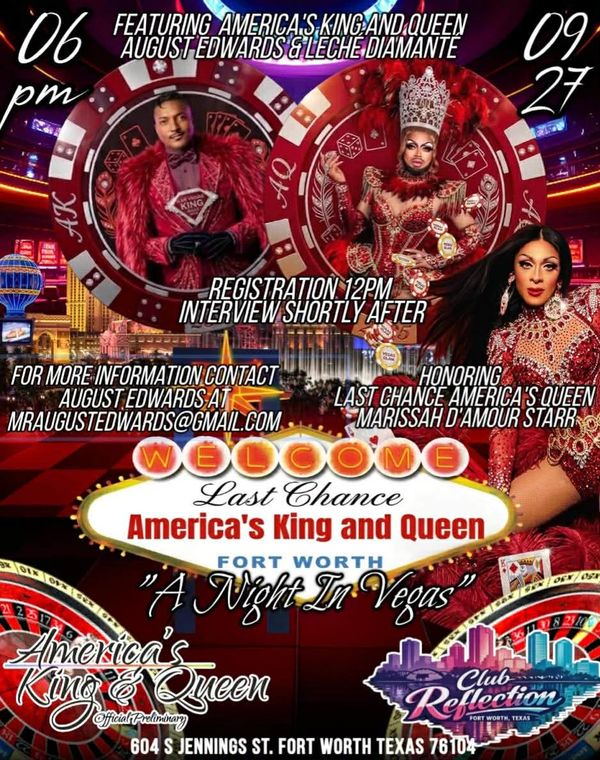 Event flyer for America's King and Queen night in Vegas-themed party in Fort Worth.