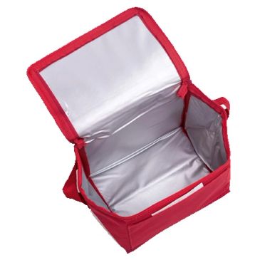 Open red insulated cooler bag.