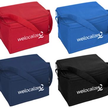 Four colorful insulated bags with 'welocalize' logo.