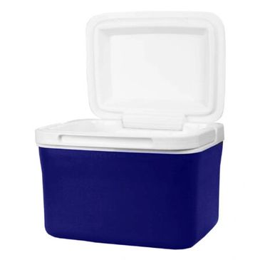 Blue and white portable cooler with an open lid.