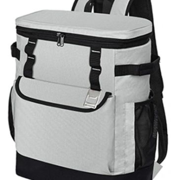 Gray insulated cooler backpack with black accents.