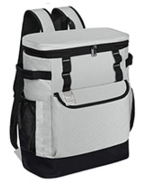 Gray and black backpack cooler with front pocket.