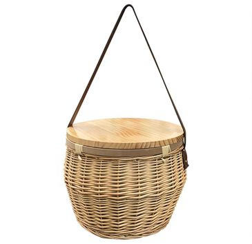 Woven basket with wooden lid, leather handle & removable food grade lid.