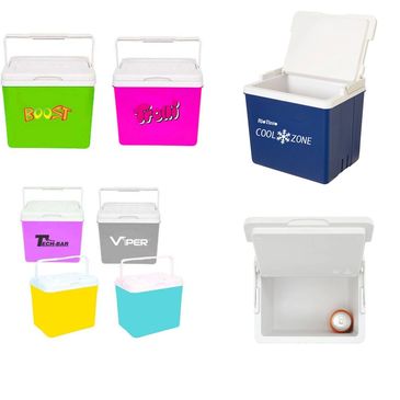 Colorful portable coolers and an open blue cooler with a soda can inside.