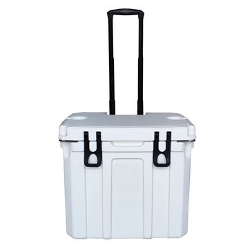 31 litre cooler in white, the rolling cooler with black handles and an extended telescopic handle making the perfect wheeled eskys.