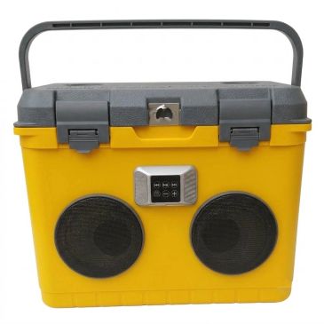 Yellow portable cooler with built-in speakers and digital control panel.