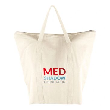 White tote bag with MED Shadow Foundation logo.