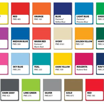 A chart displaying various Pantone colors with names and PMS codes.