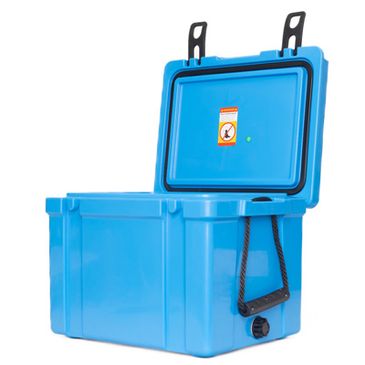 Bright blue insulated cooler custom cooler boxes with an open lid and sturdy handles available in 3 colourways.