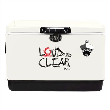 White cooler box with "Loud and Clear QLD" text and a bottle opener attached.