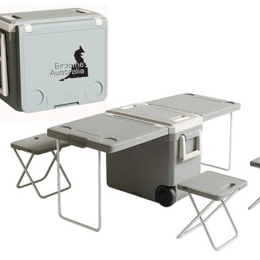 Portable Promotional cooler Boxes with fold out table and stools for outdoor use. Promotional Eskys delivering style with creative design. Custom cooler boxes never delivered so much functionality. 