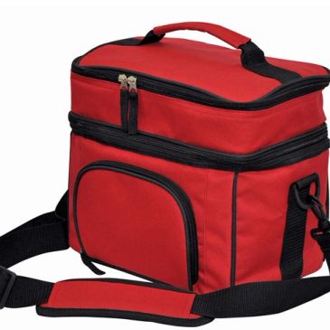 Red insulated lunch bag with black accents and shoulder strap.
