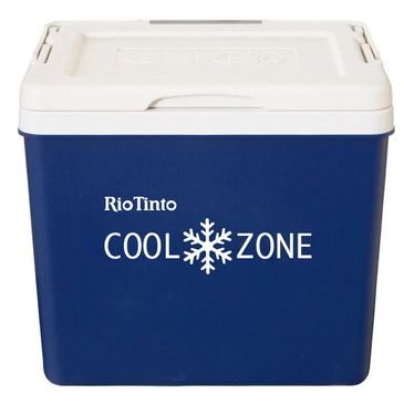 Blue and white cooler box with 'Rio Tinto COOL ZONE' text and snowflake logo.