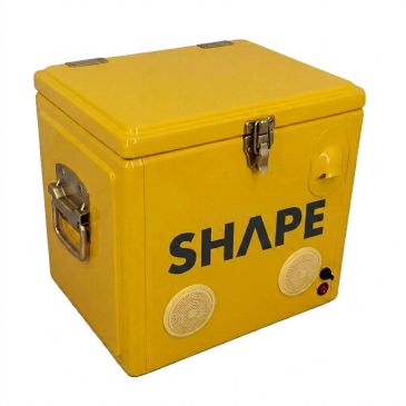 Yellow SHAPE speaker box with handles.