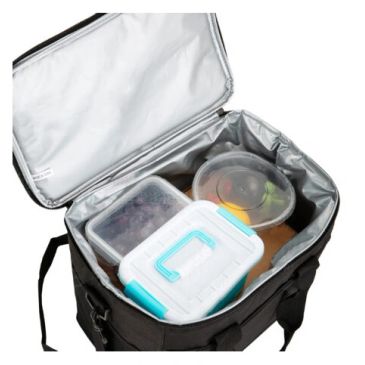 Open insulated cooler bag with food containers inside.