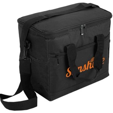 Black insulated cooler bag with handles and shoulder strap.