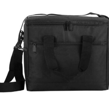 Black insulated cooler bag with handles and shoulder strap.