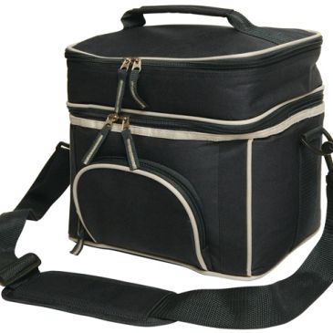 Black insulated lunch bag with shoulder strap.