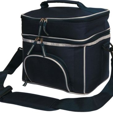 Black insulated cooler bag with shoulder strap.
